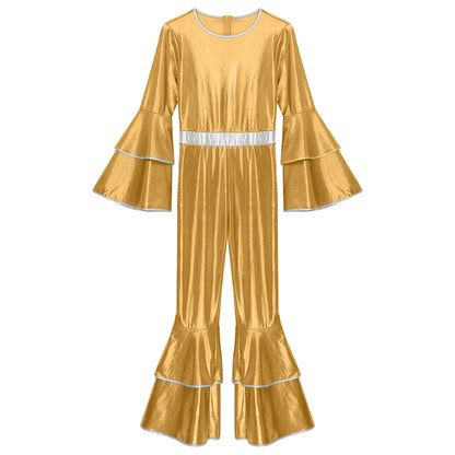 Womens 70S Disco Vintage Jumpsuit Metallic Shiny Flare Sleeve Bodysuit Hippie Bell Bottom Jazz Dance Carnival Rave Party Costume