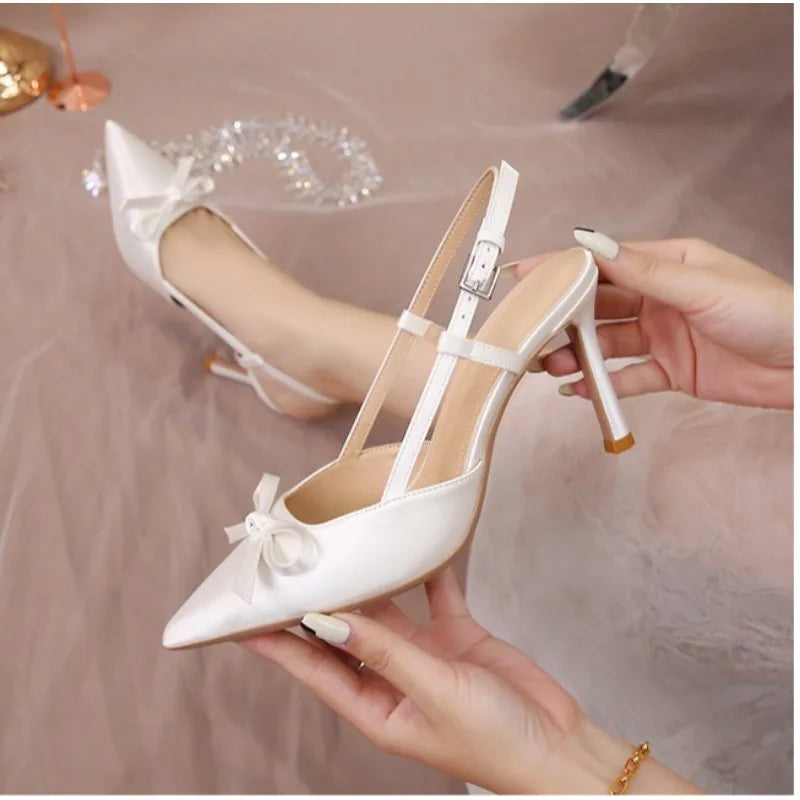 Women Pumps White Wedding Shoes Bride Luxury Satin Butterfly-knot Pointed Toe Adjustable Slingback Heels Elegant Women Heels