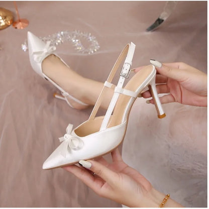 Women Pumps White Wedding Shoes Bride Luxury Satin Butterfly-knot Pointed Toe Adjustable Slingback Heels Elegant Women Heels