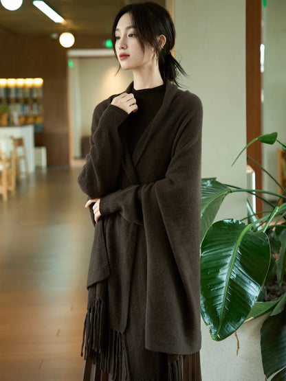 Light Luxury Autumn Winter Woman Shawl Elegant Female 100% Merino Wool Knitwear New Fashion Ladies Tassel Scarf Solid Jersey