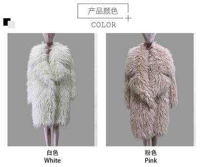 Lautaro Autumn Winter Long Oversized White Thick Warm Hairy Shaggy Fuzzy Faux Mongolian Fur Coat Women Pink Fluffy Overcoat
