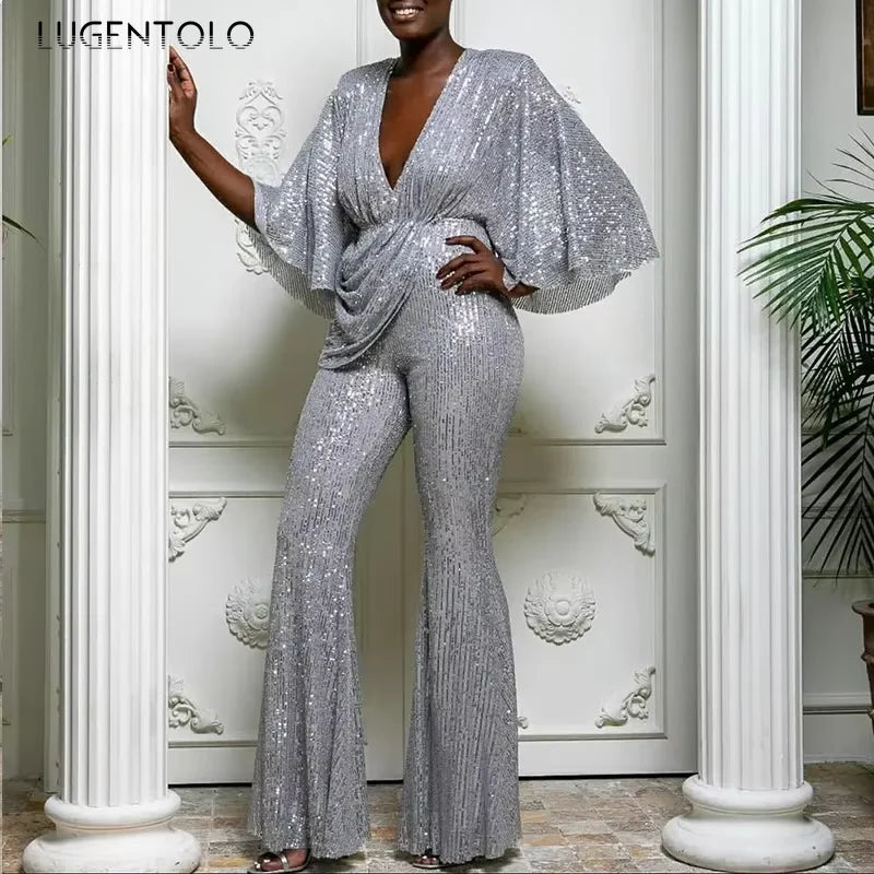 Women's Sequin Jumpsuit Sexy Deep V Backless Lady Elegant Fashion Half Sleeve Wide-leg Trousers New Party Jumpsuits