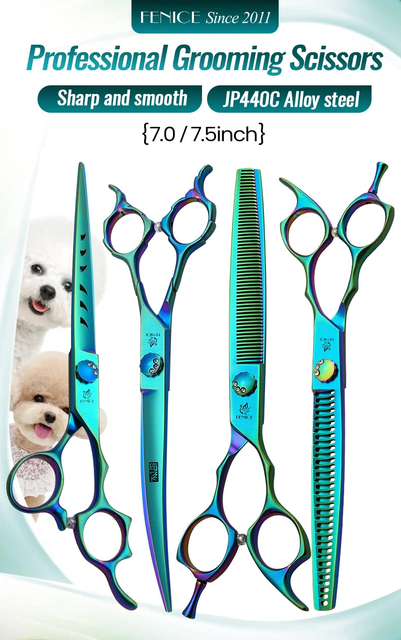 Fenice JP440C 7/7.5 Inch Professional Pet Dogs Grooming Scissors Kits Straight Curved Thinnier Chunker Shears Set For Dogs