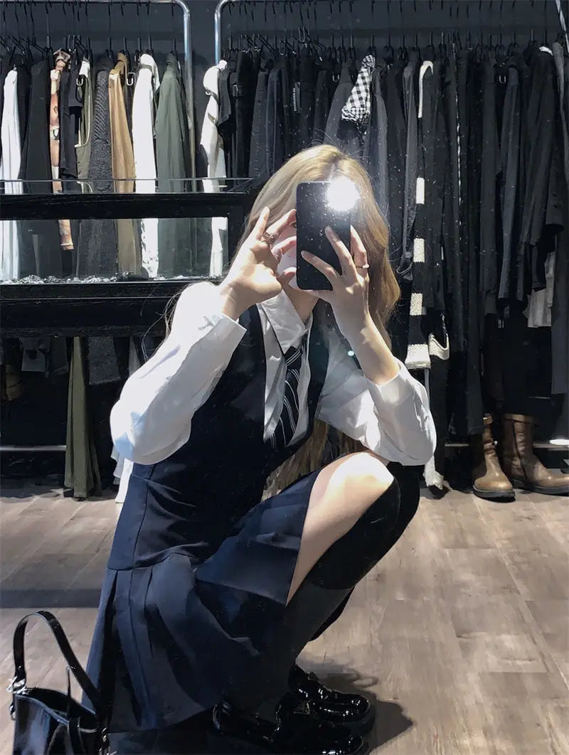 Japan And Korea College Style Jk Set Women's Long Sleeve Shirt Pleated Skirt Strap Dress Set Two Piece Set School Jk Uniform