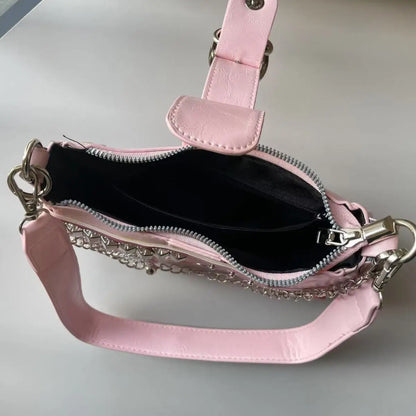 Fashion Hot Girls Square Shoulder Bags Retro Rivet Star Women's Underarm Bag Sweet Pu Leather Female Chain Handbags Pink Purse