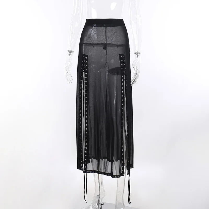 Goth Mesh Perspective Side Slit Skirt Lace Up Dark Punk Gothic Faldas Feminino Thin Summer Aesthetical