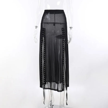 Goth Mesh Perspective Side Slit Skirt Lace Up Dark Punk Gothic Faldas Feminino Thin Summer Aesthetical
