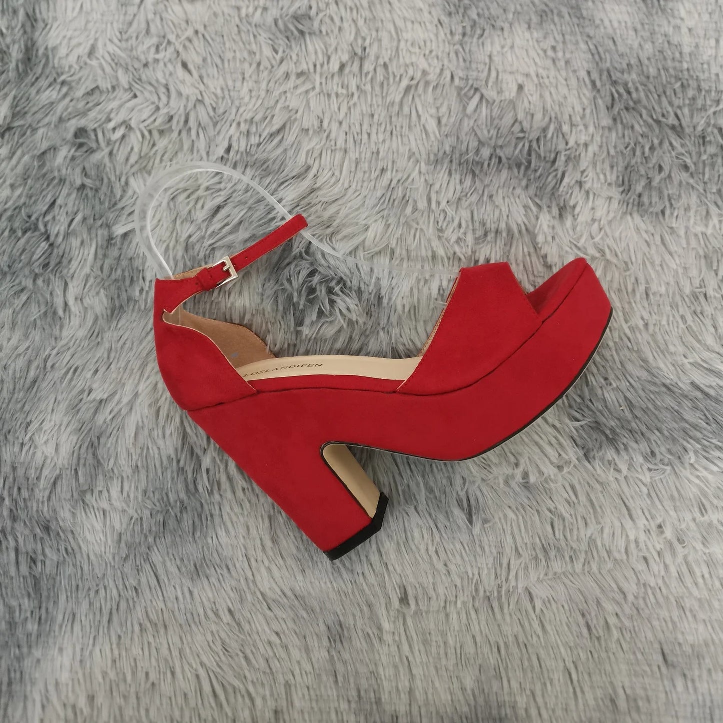 LOSLANDIFEN Summer Ankle Strap Sandal 12cm Women Pumps Sexy Peep Toe Square High Heels Woman Shoes Flock Platform Wedding Shoes