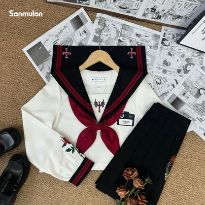 Dark Japanese Bad JK Uniform Long-sleeved Girl Orthodox Sailor Suit Role Play Handsome Long Skirt School Uniform Embroidery