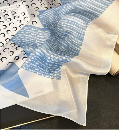 100% Natural Mulberry Silk Square Scarf 53x53cm Blue White Moon Print Women Neck Scarf Headband Bag Scarf Elegant Gift