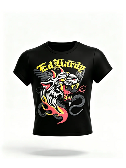 2026 new American retro summer tiger print short sleeved round neck spicy girl top street punk trend niche casual versatile ins