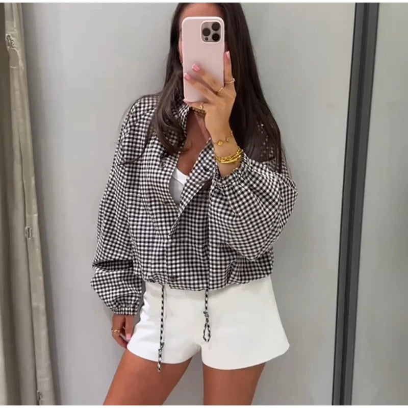 Plaid Short Trench Coat Women Lapel Collar Double Breasted Belted Waist Long Sleeve Loose Jacket 2026 Autumn Casual Chic Coats