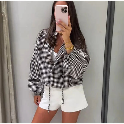 Plaid Short Trench Coat Women Lapel Collar Double Breasted Belted Waist Long Sleeve Loose Jacket 2026 Autumn Casual Chic Coats