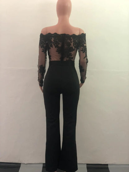 Womens Elegant Off Shoulder Long Pants Wide Leg Jumpsuits Floral Embroidery Lace See Through Cocktail Club Party Evening Rompers