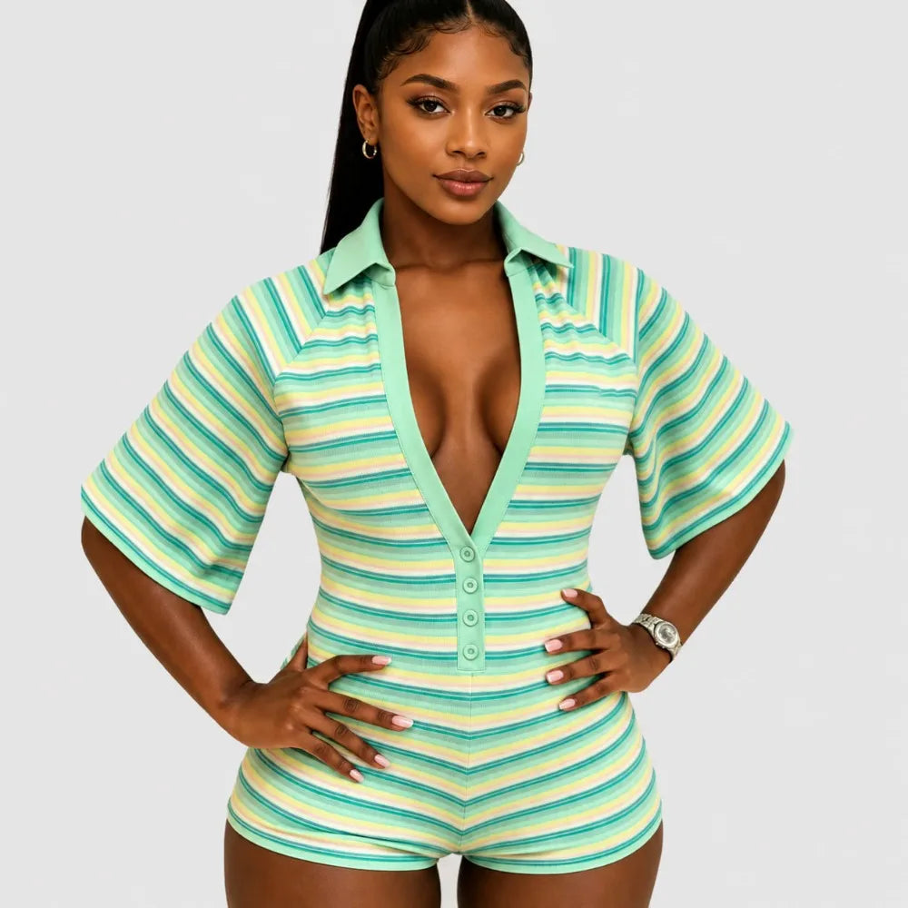 HLJ&GG Green Sexy Deep V Stripe Ribber Bodycon One Piece Rompers Women Short Sleeve Slim Jumpsuits Fashion Party Club Overalls