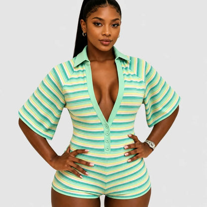 HLJ&GG Green Sexy Deep V Stripe Ribber Bodycon One Piece Rompers Women Short Sleeve Slim Jumpsuits Fashion Party Club Overalls