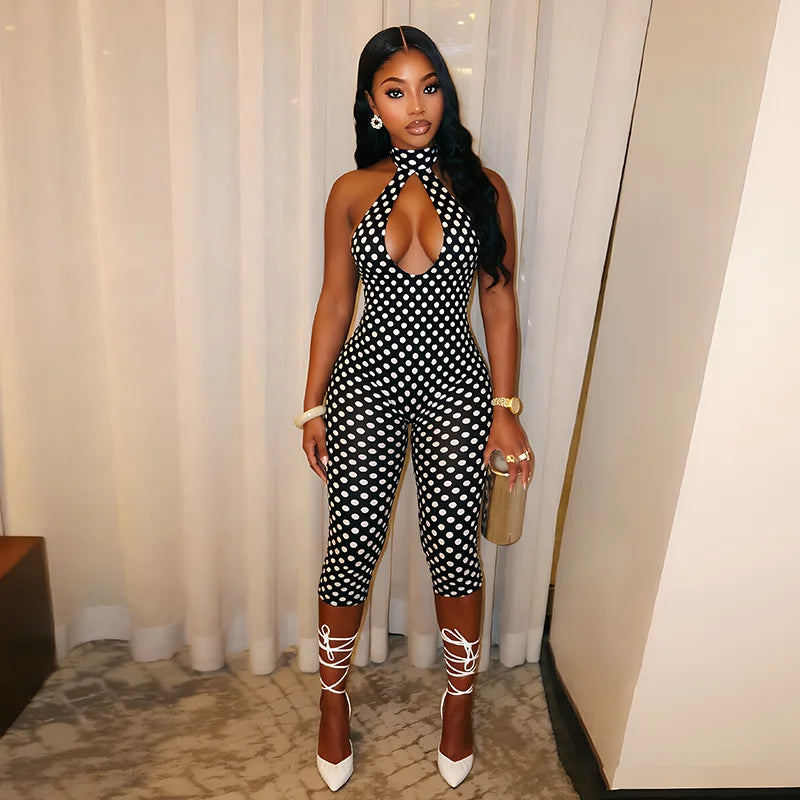 Polka dot print neck strap, big backless, tight fitting and slimming seven part jumpsuit