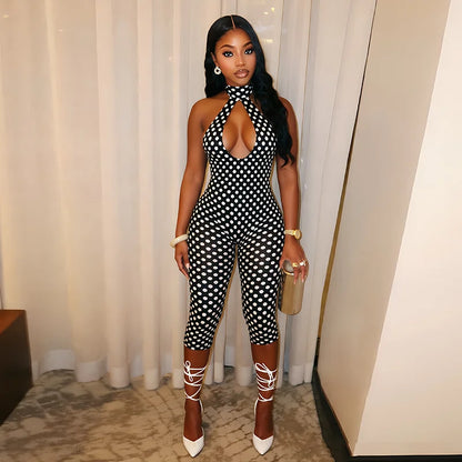 Polka dot print neck strap, big backless, tight fitting and slimming seven part jumpsuit