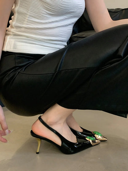 Liyke Fashion Design Inlay Gems Pointed Toe Patent Leather Sexy Slingback Sandals Women Pumps High Heels Wedding Banquet Shoes
