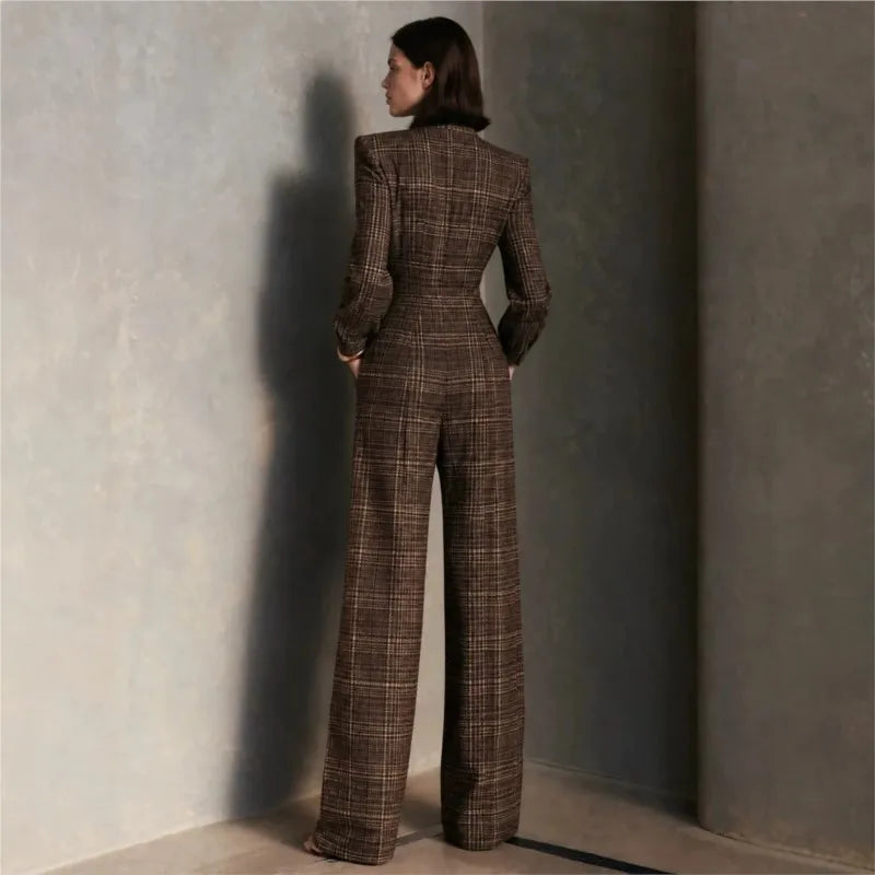 Temperament Plaid Printed Jumpsuit For Women Spring Autumn Fashion High Waist Wide Leg Romper Ladies Casual Jumpsuit With Pocket
