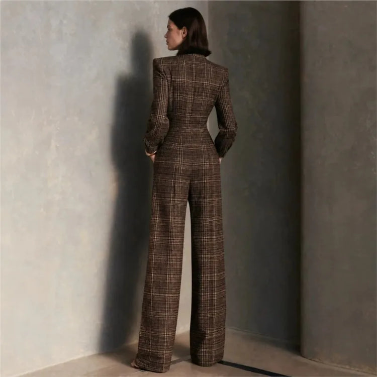 Temperament Plaid Printed Jumpsuit For Women Spring Autumn Fashion High Waist Wide Leg Romper Ladies Casual Jumpsuit With Pocket