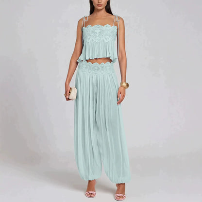 Women Pink Lace Mesh 2 Piece Outfit Straps Floral Cropped Cami High Waist Wide Leg Trousers Set Bohemian Seaside Holiday Suit