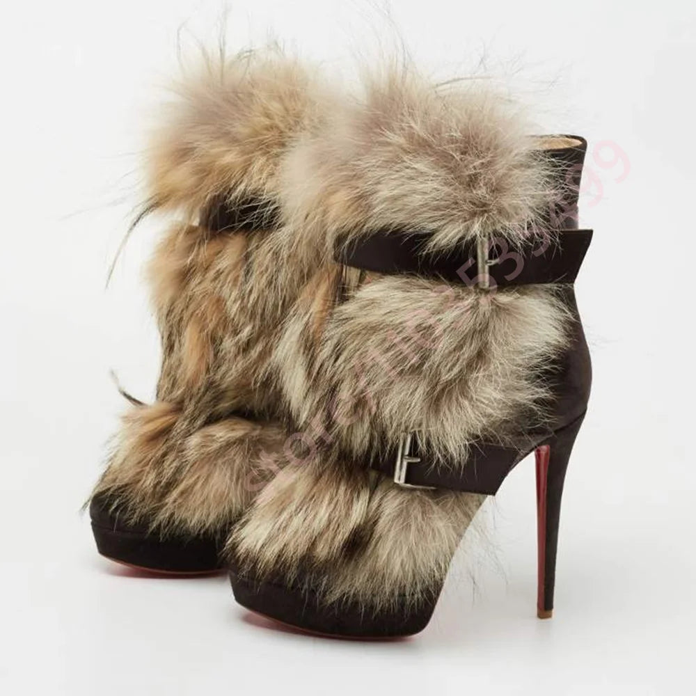 Winter Platform Belt Buckle Soft Fur Short Boots Fashion Show Party Casual Furry Boots New Sexy Women's Stiletto Warm Boots