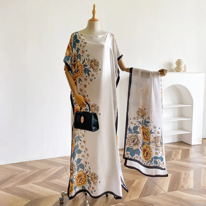 2025 New African Fashion Short Sleeve Colored Pattern Dubai Women Summer Real Silk Soft Printing Loose Tradition Muslim Dress