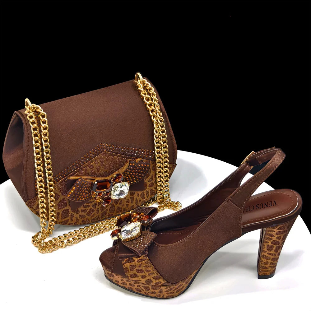 Venus Chan Nigerian Women Heel Party Shoes and Bag Set Royal Blue Colour Rhinestone Handbag Italian Design Wedding INS 2024