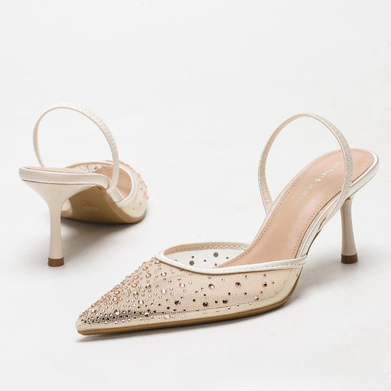 Rhinestone Luxury Heeled Sandals Women Shiny Mesh Mules Shoe Breathable Pointed Toe Pumps Women Elegant High Heels Wedding Shoes