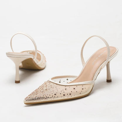 Rhinestone Luxury Heeled Sandals Women Shiny Mesh Mules Shoe Breathable Pointed Toe Pumps Women Elegant High Heels Wedding Shoes