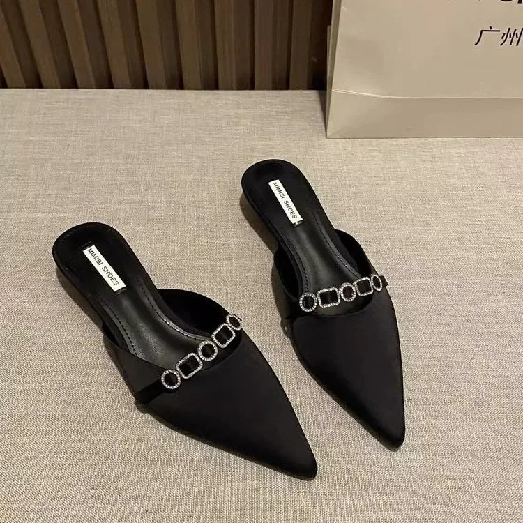 2025 New Luxury Fashion Rhinestones Ladies Heeled Slippers Sandals Shoes Female Low Heel Slides Slippers Shoes for Women Mules
