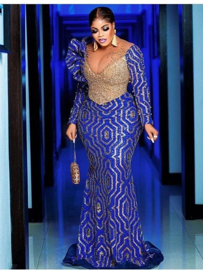 African Plus Size Evening Dress For Women Blue Gold Sequined Mermaid Prom Gown Elegant Long Sleeve Formal Party Dress Customized