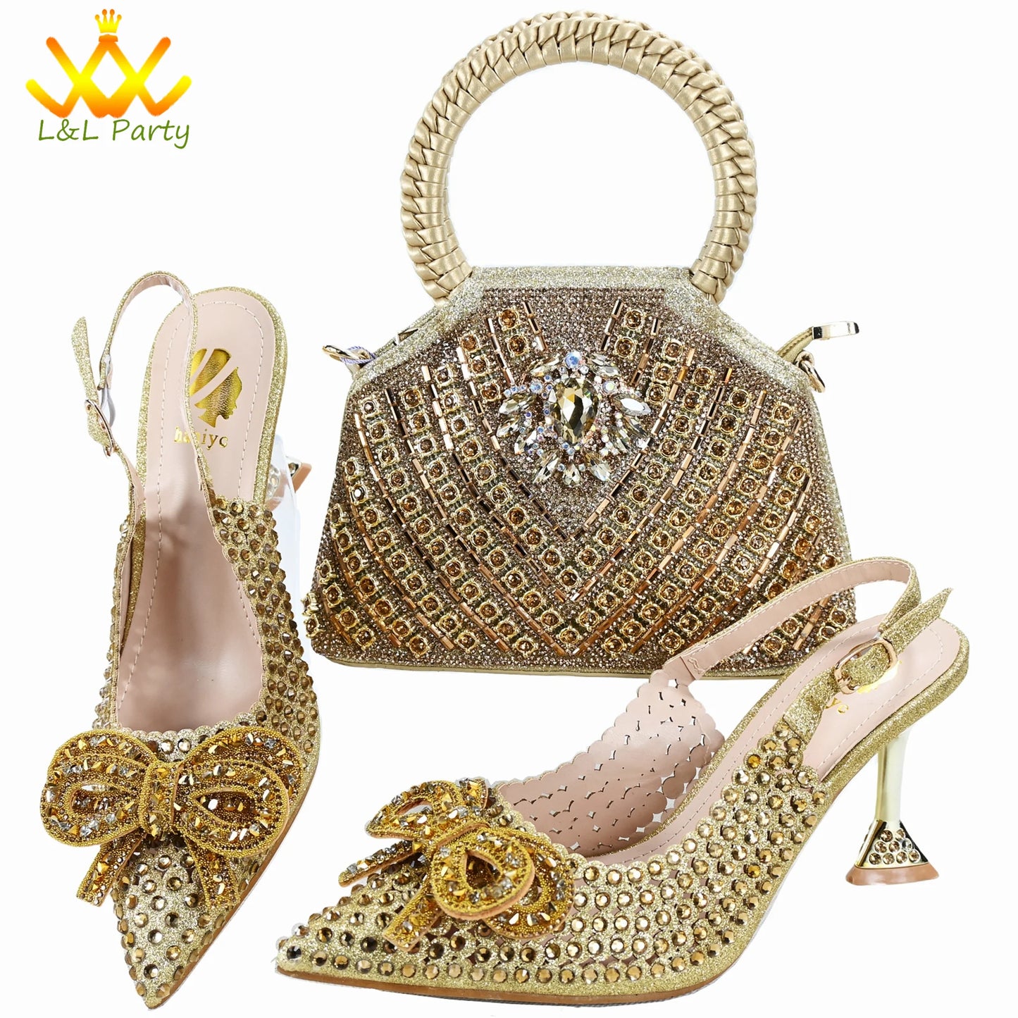 Orange Color New Arrivals Italian Design Nigerian Women Shoes and Bag Set Pointed Toe Slipper with Shinning Crystal for Party