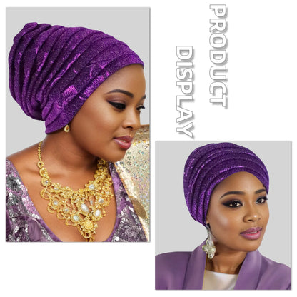 Glitter Full Body Pleated Turban Cap for Women 2025 Lady Head Wraps Muslim Headscarf Hat Turbante Mujer African Headpiece