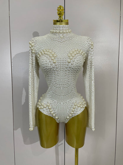 Luxury White Full Pearl Long Sleeved Stretch Bodysuit Women Birthday Evening Party Celebrate DJ Performance Nightclub Stage Wear
