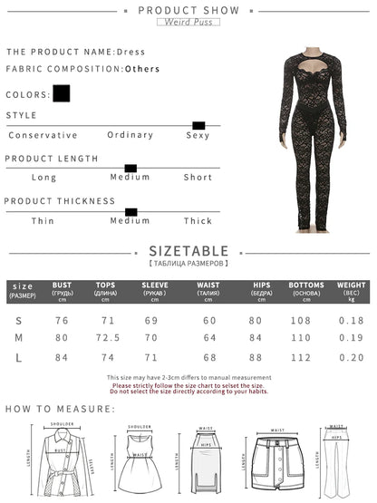 Weird Puss See Through 2 Piece Set Women Sexy  Hollow Jacquard Backless Bodysuit+Leggings Tight Activity Clubwear Skinny Outfits