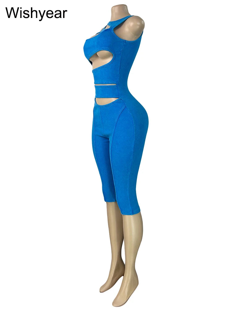 Women Ribbed Sleeveless Cutout One Pieces Jumpsuit Crisscross Hollow High Waist Capri Skinny Pant Rompers Summer Nightclub Party
