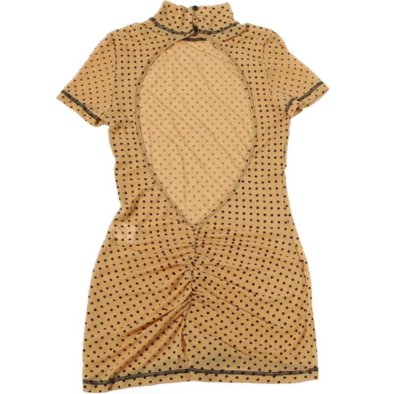 FAGADOER Khaki Polka Dot Bodycon Shorts Romper Women Stand Collar Back Hollow Out Skinny Jumpsuits Mesh See Through Playsuit