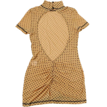 FAGADOER Khaki Polka Dot Bodycon Shorts Romper Women Stand Collar Back Hollow Out Skinny Jumpsuits Mesh See Through Playsuit