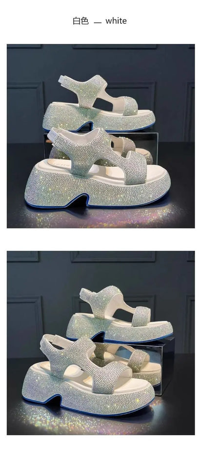Fashion Luxury Rhinestone Women Sandals Summer New Sheepskin Elastic Band Thick-soled Open-toed Roman Flat Sandals