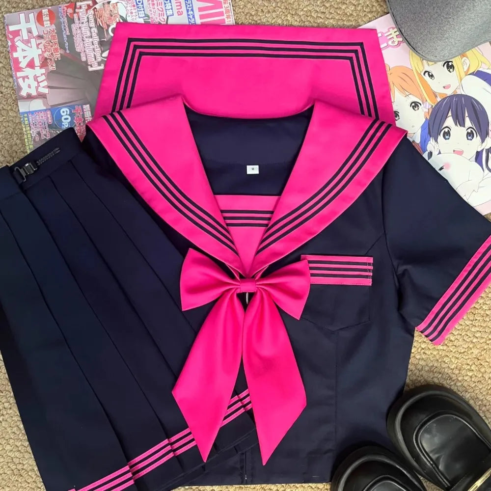 Rose Red Sailor Fuku Suit Korean Japanese High School Girls Student Uniform Women Sexy Jk Uniform Set Short Sleeve Pleated Skirt