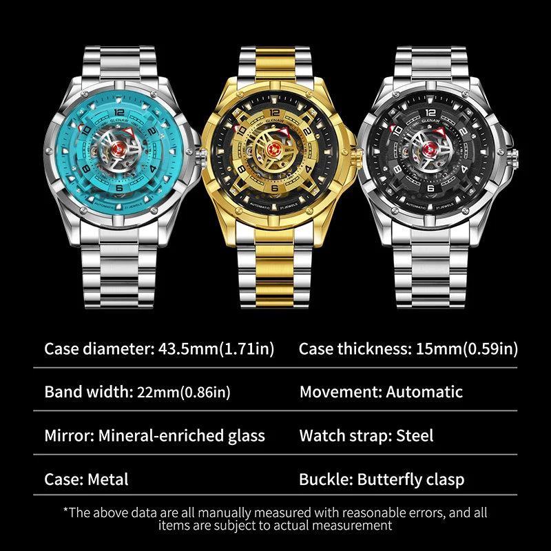 GLENAW Men Mechanical Watches Casual Outdoor Wristwatch Men Top Luxury Automatic Hollowed Watch Male Stainless Steel Waterproof
