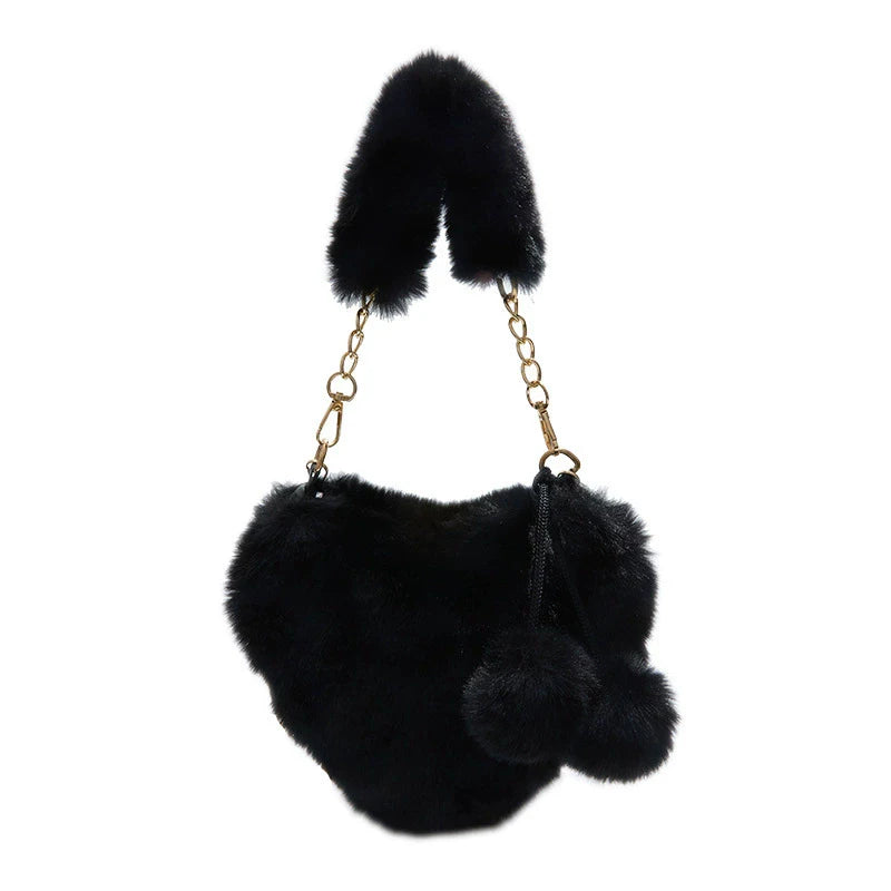 Large Capacity Fur Handbag Heart Shape Ladies Shoulder Bag Fashionable Cute Soft Zipper Closure Interior Phone Pocket