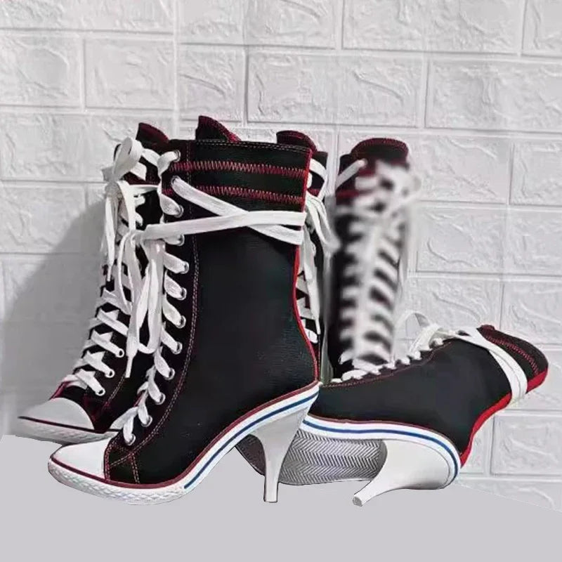 2024 Women Boots Design Stiletto High Heel Canvas Shoes Fashion Lady Lace up Pointed Ankle Shoes Sexy High-heeled Thin Heel Boot