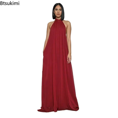 2026 New Women's Solid Chiffion Loose Halter Jumpsuits Sexy Backless Wide Leg Pants Rompers Fashion Party Elegant Women Clothing