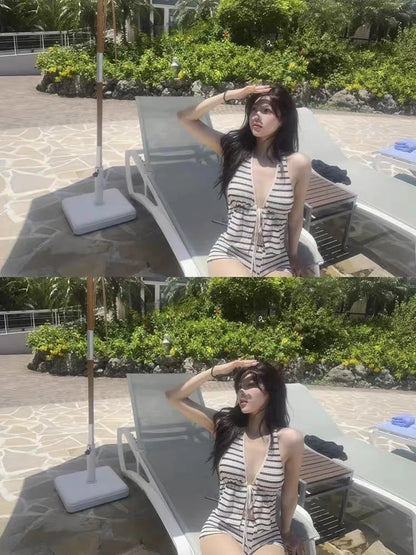 2026 New Women's High-End Striped Knitting Bikini Set Halter Deep V Neck Two-Piece Swimsuit Sexy Beach Bathing Suit for Vacation