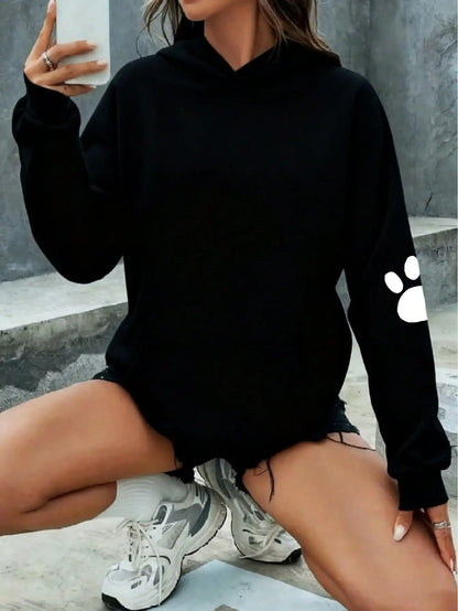 Ladies' Casual and Elegant Polyester Hoodie with Dog and Heart-Shaped Paw Prints, Hoodie, Animal Pattern