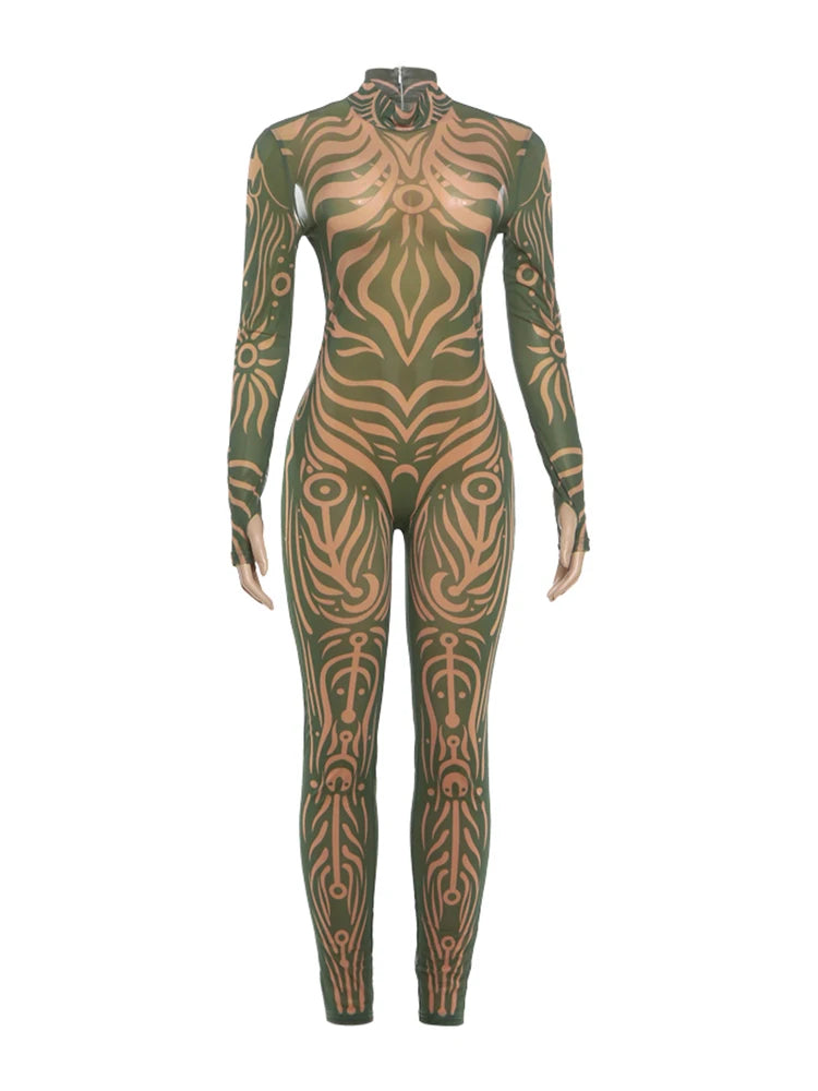 Weird Puss Sexy Striped Print Jumpsuits Women Wild Style Turtleneck Full Sleeve Midnight Party Club Stretch Streetwear Overalls