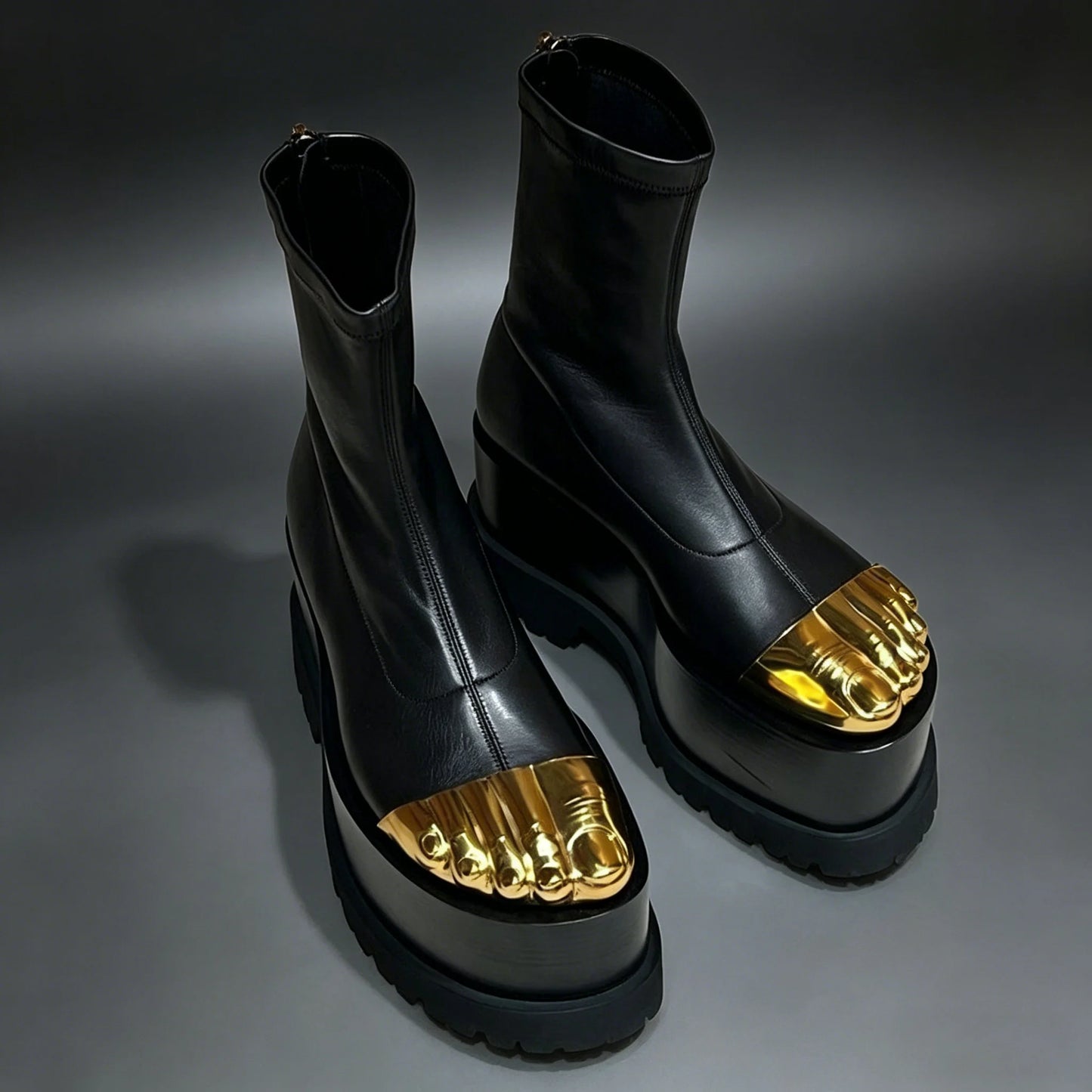 Women's Golden Five Toes Catwalk Ankle Boots Chunky Platform Genuine Leather Sexy Long Stretch Skinny Shoes for Women